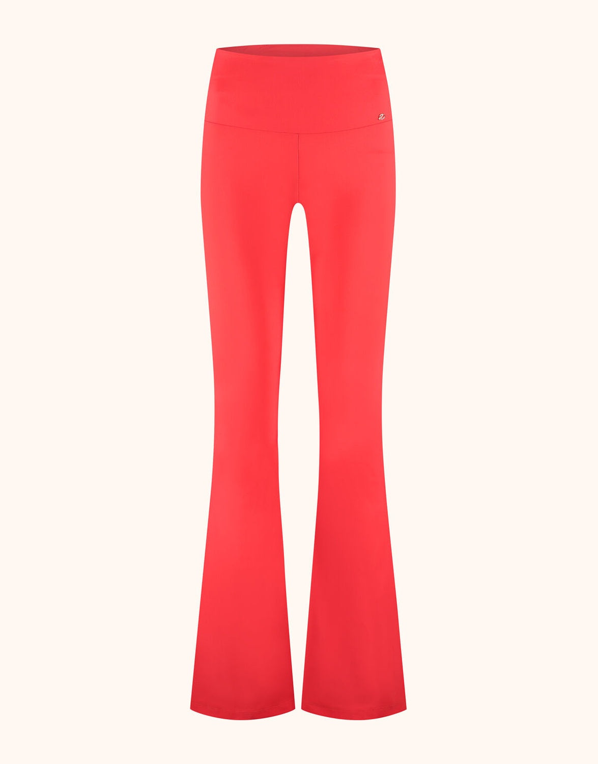 Packshot of the Durban Hibiscus trousers in jersey lycra with a wide waistband and flared leg.