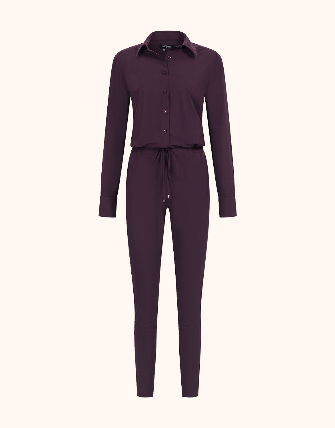 Packshot of the Zendaya Deep Aubergine jumpsuit in jersey lycra with a drawstring waist.