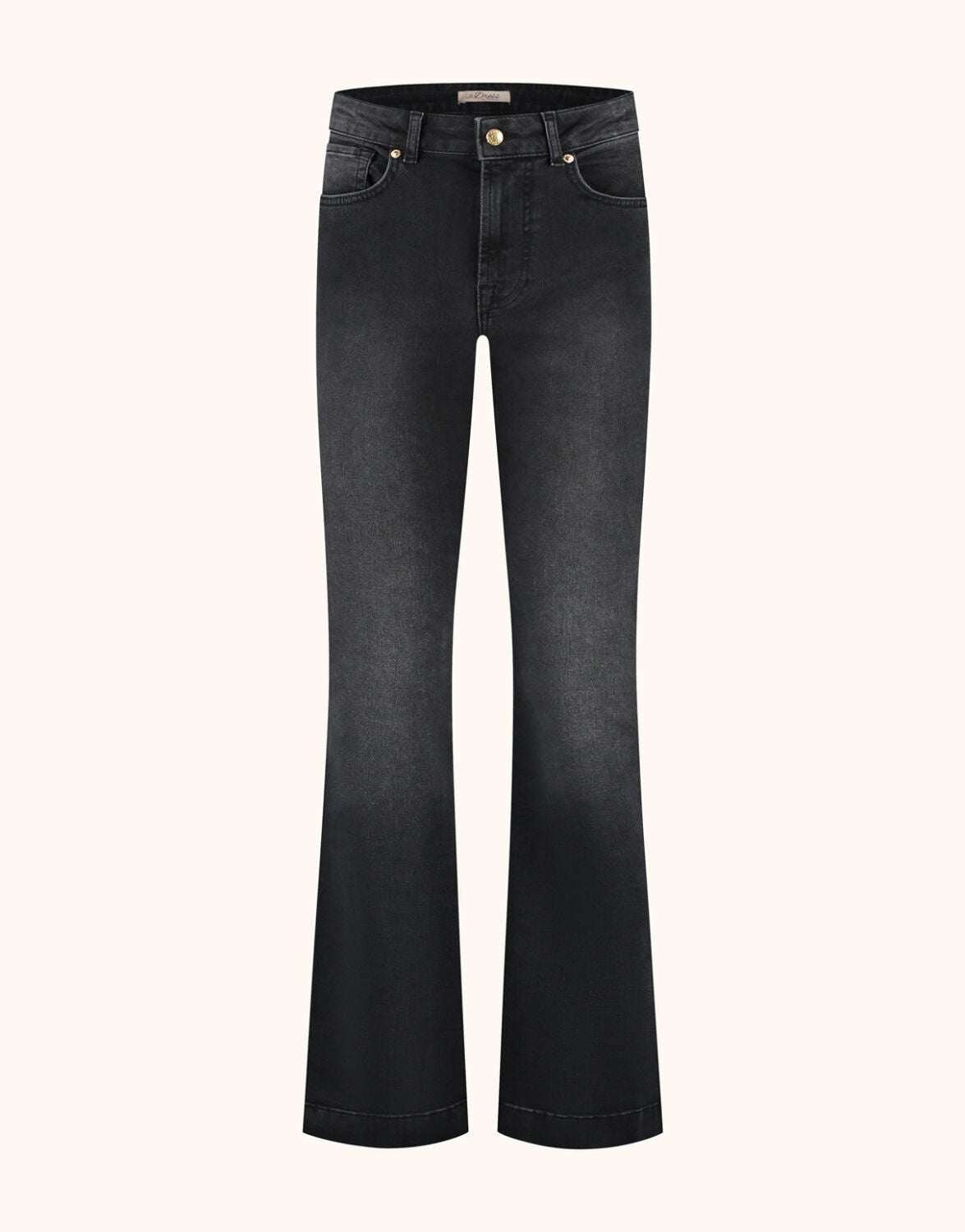 Packshot of the Madelin Washed Black jeans in stretch cotton with a flared leg.