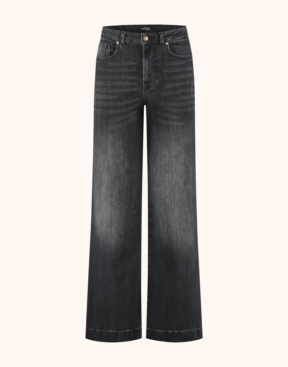Packshot of the Marisol Washed Black jeans in stretch cotton with a wide flared leg.