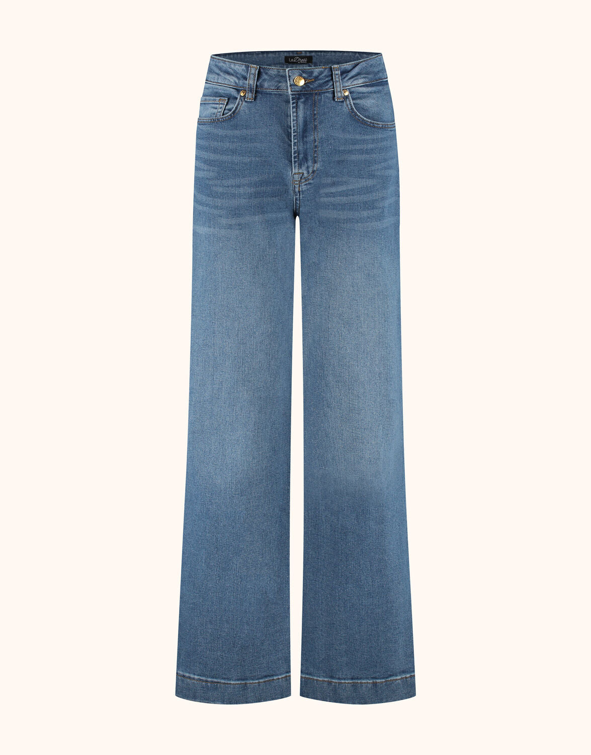 Packshot of the Marisol Blue Indigo jeans in stretch cotton with a wide flared leg.