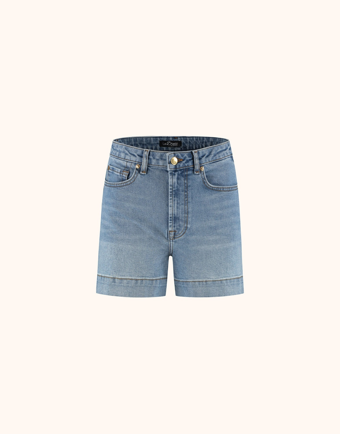Packshot of the Ravenna Blue Indigo shorts in stretch cotton with a high waist.