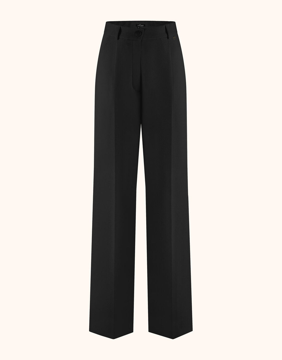 Packshot of the Torino Black trousers in crepe satin with pleats and a wide leg.