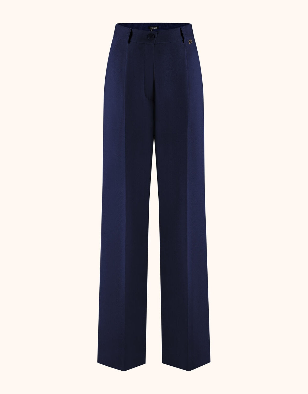 Packshot of the Torino Midnight Blue trousers in crepe satin with pleats and a wide leg.