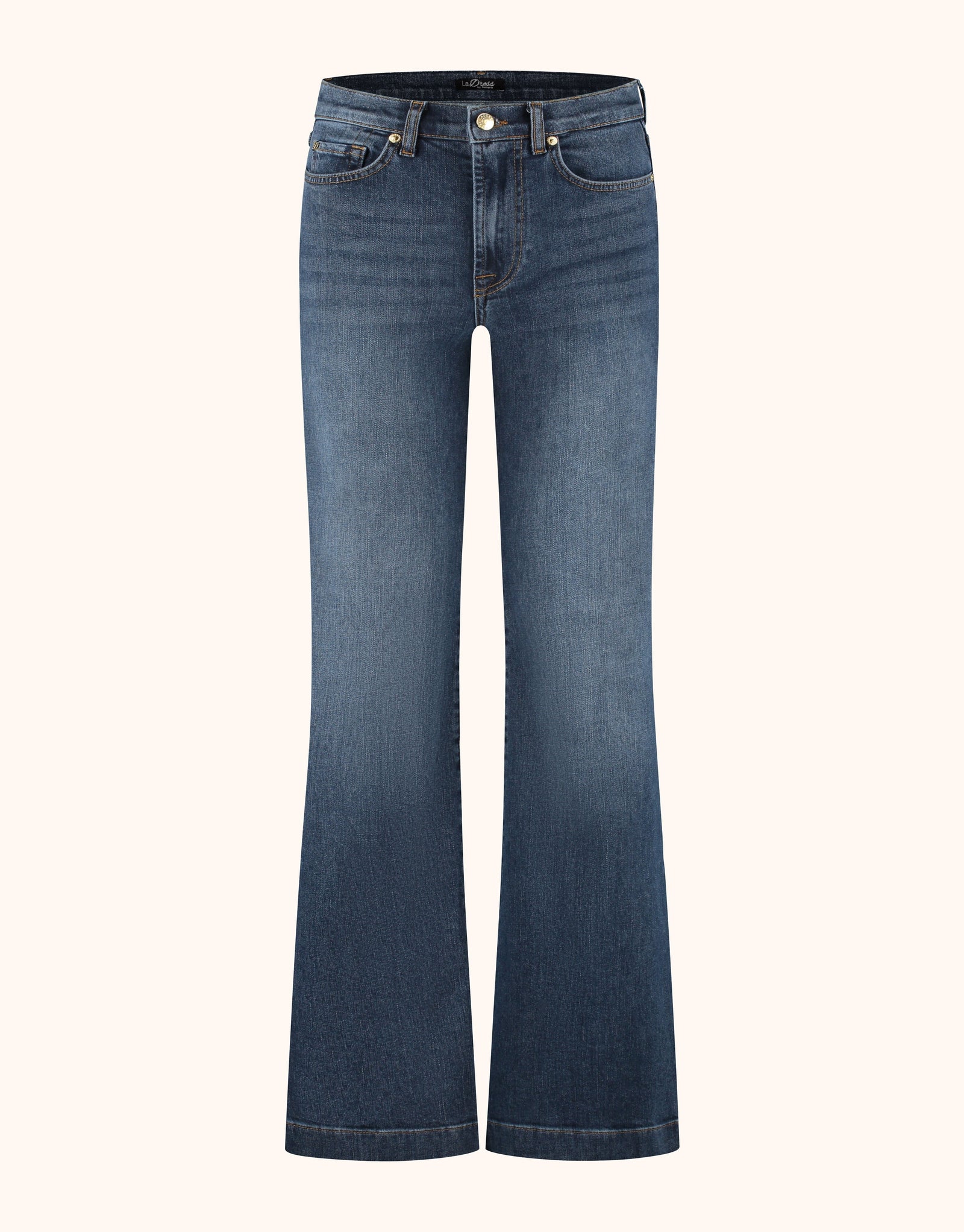 Packshot of the Manuela Washed Navy jeans in stretch cotton with a wide flared leg.