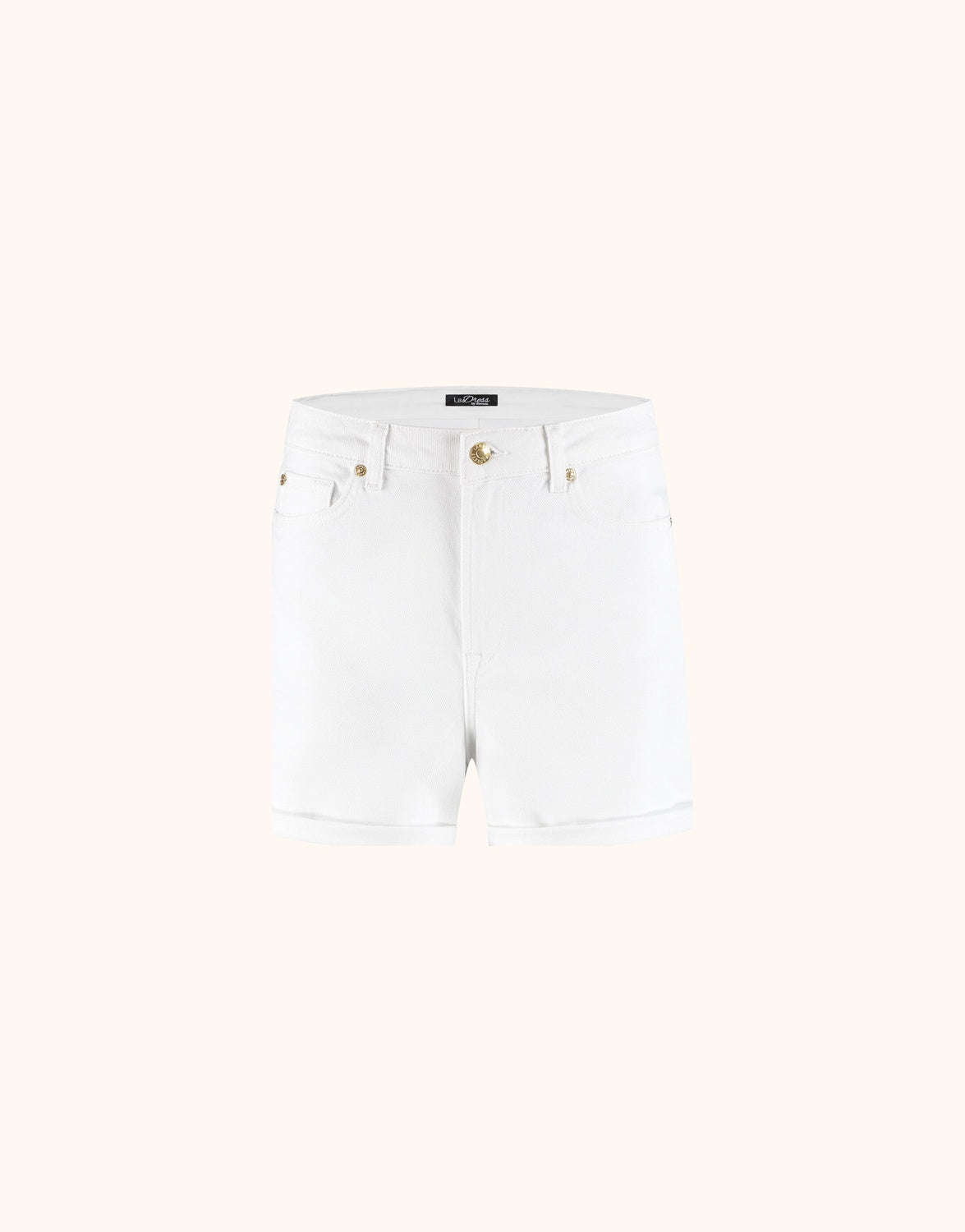 Packshot of the Como White shorts in stretch cotton with five pockets and a button fly.