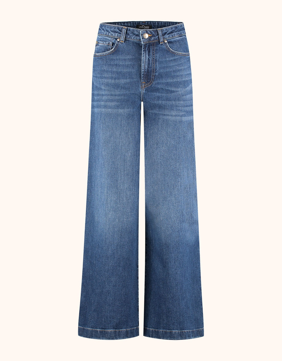 Packshot of the Melina Washed Indigo jeans in stretch cotton with a wide leg.