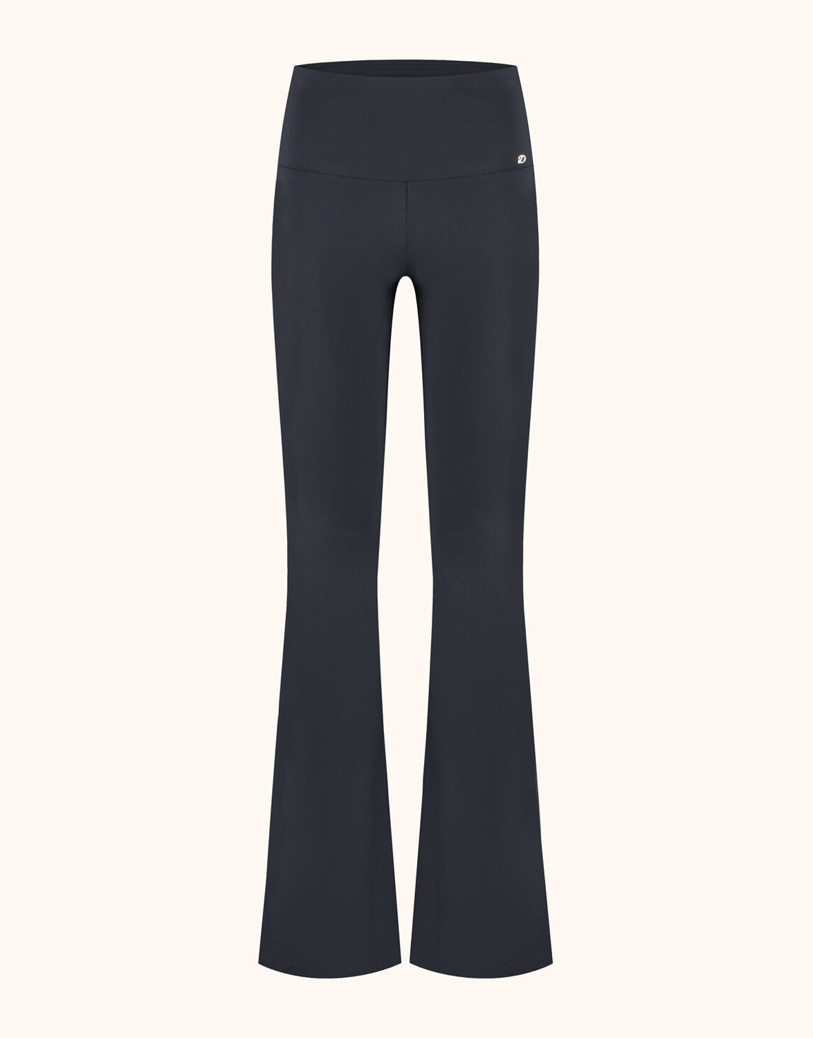 Packshot of the Osaka Black trousers in jersey lycra with a wide waistband and flared leg.