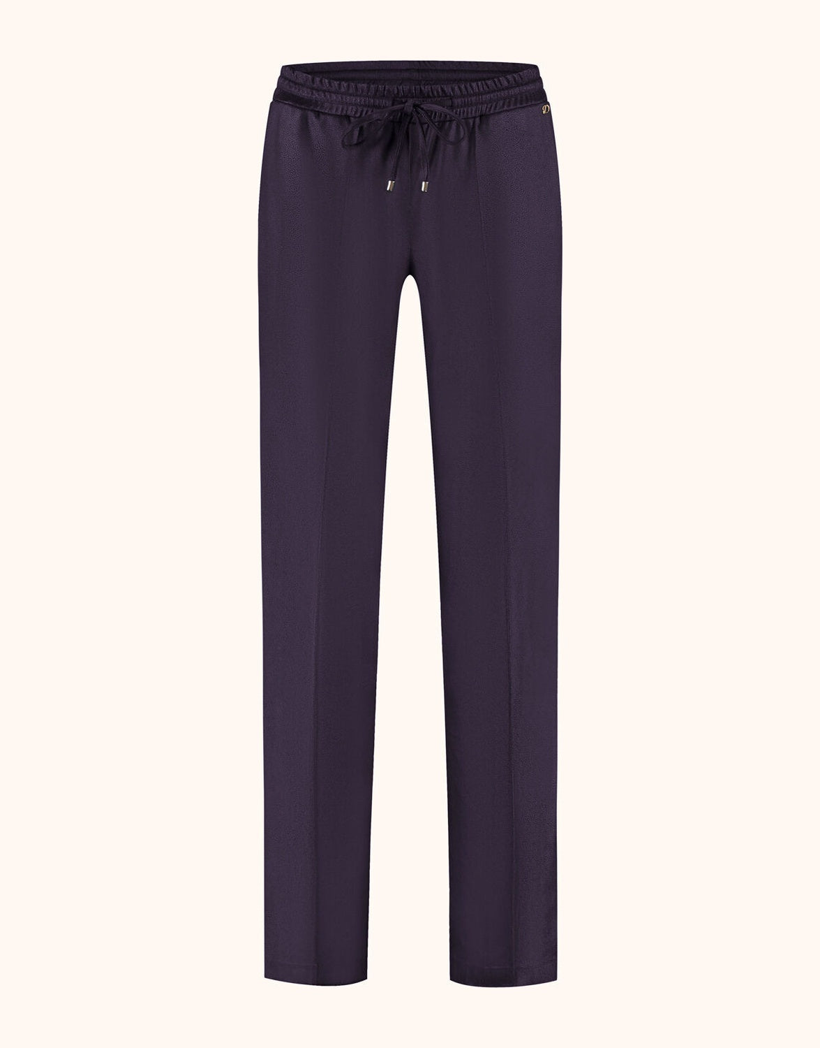 Packshot of the Nova Midnight Plum trousers in leather look with a drawstring waist.