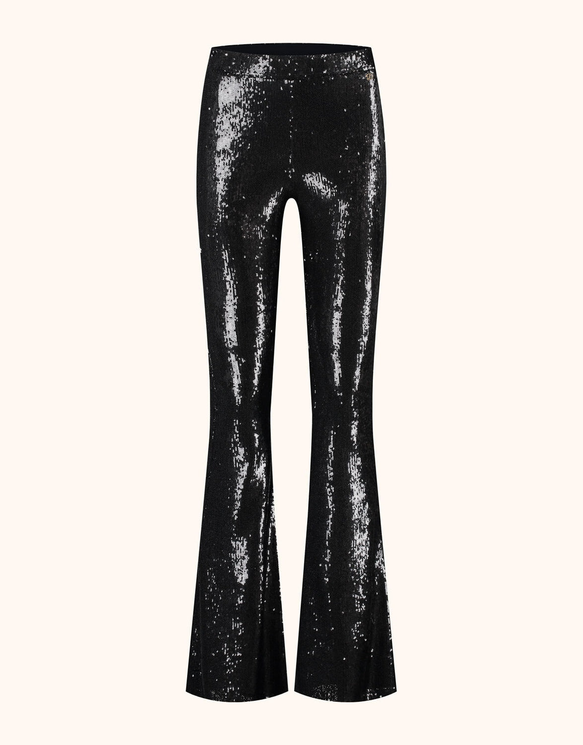 Packshot of the Miami Black trousers in sequins with a flared leg.