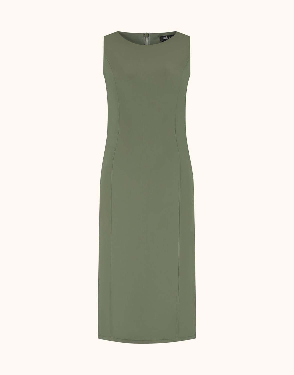 Packshot of the Gloria Dark Olive dress in jersey lycra, a fitted sleeveless style.