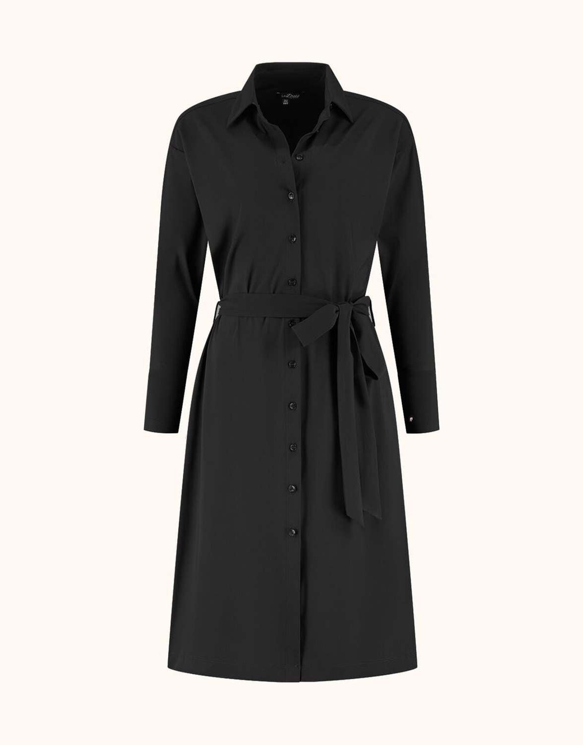 Packshot of the Ayn Black shirt dress with a button front and a tied belt.