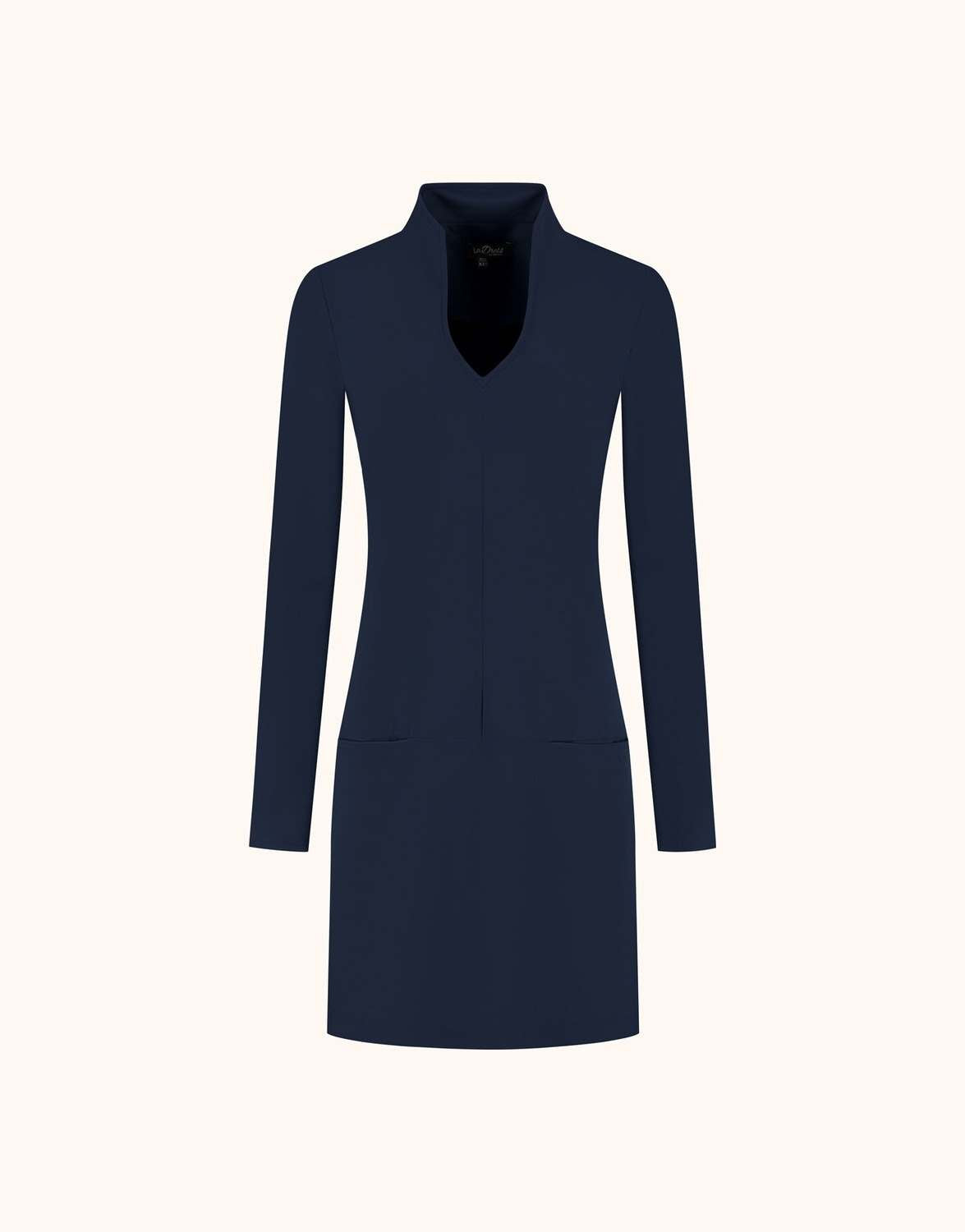 Packshot of the Stella Midnight Blue tunic in jersey lycra with a stand collar.