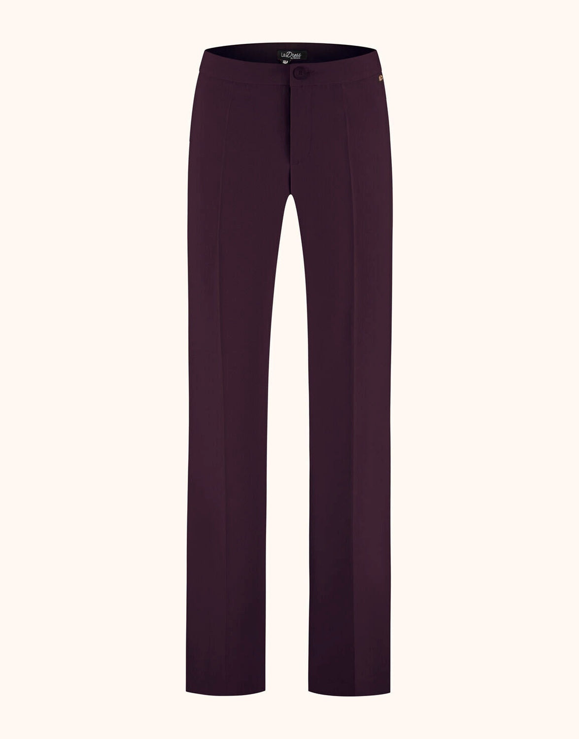 Packshot of the Geneva Deep Aubergine trousers in crepe satin with a straight wide leg.