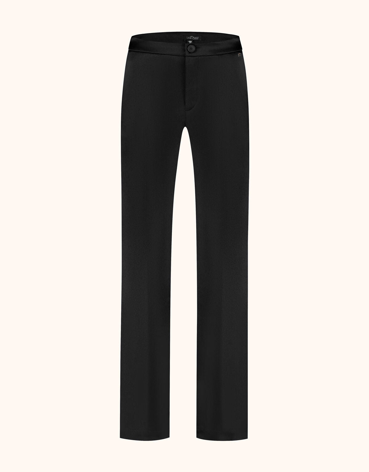 Packshot of the Geneva Black Satin trousers in crepe satin with a straight wide leg.