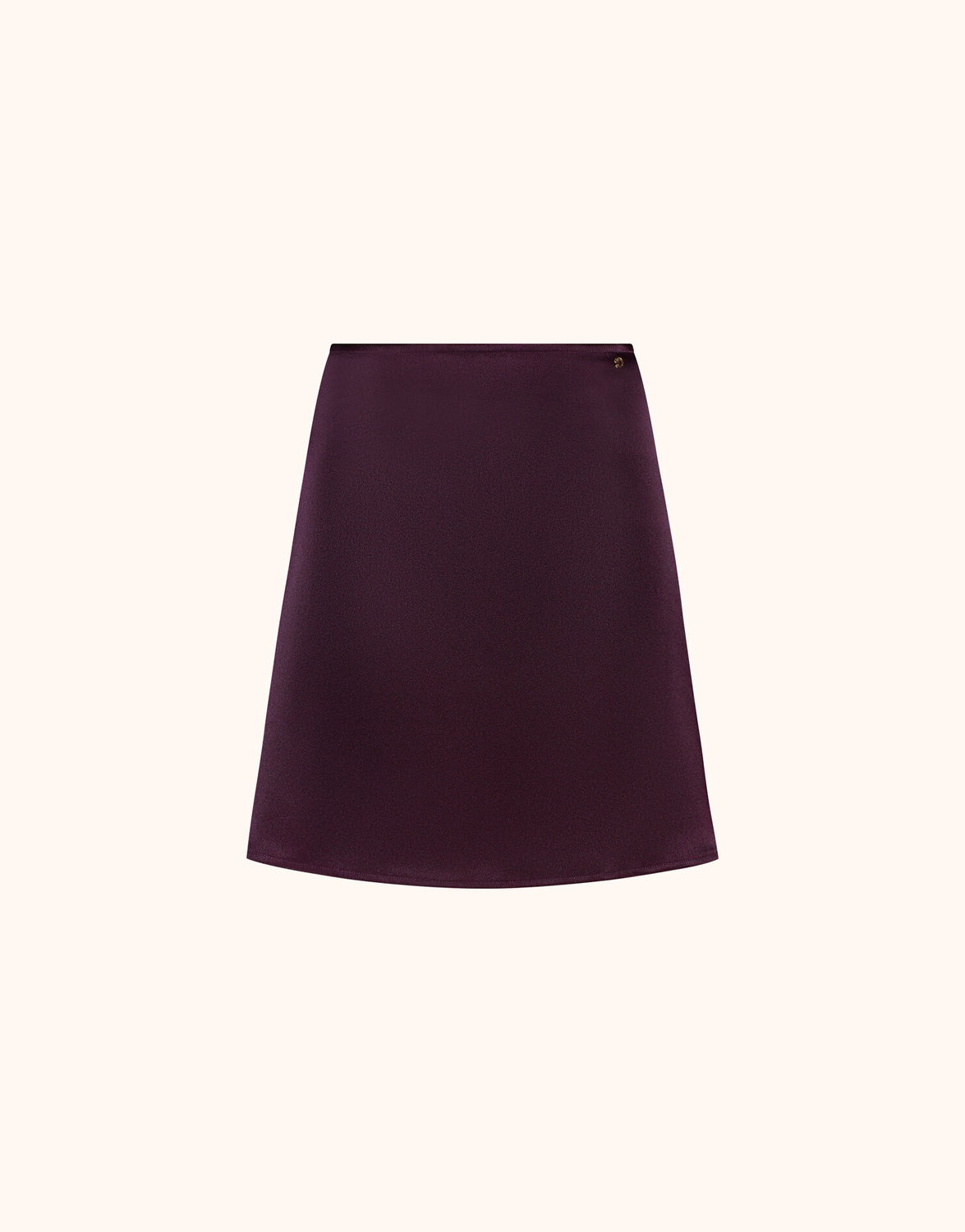 Packshot of the Gigi Deep Aubergine Satin skirt in crepe satin, a short A-line style.