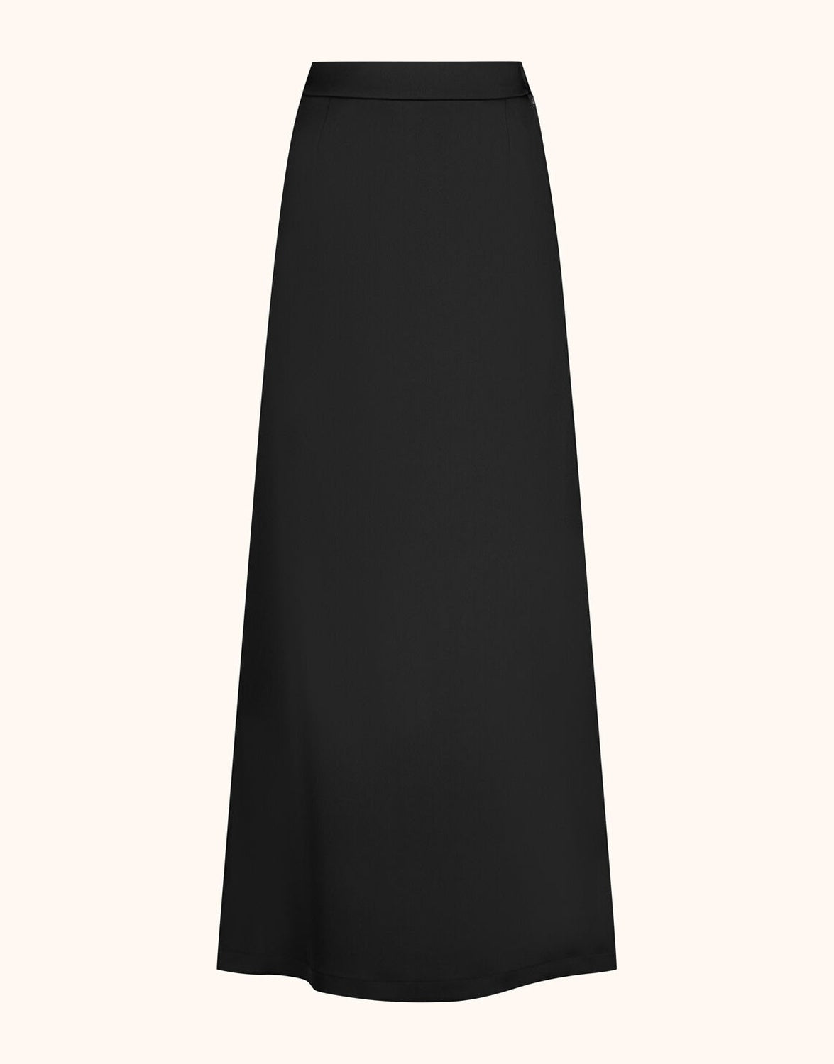 Packshot of the Christy Black Satin skirt in crepe satin, a floor-length A-line style.