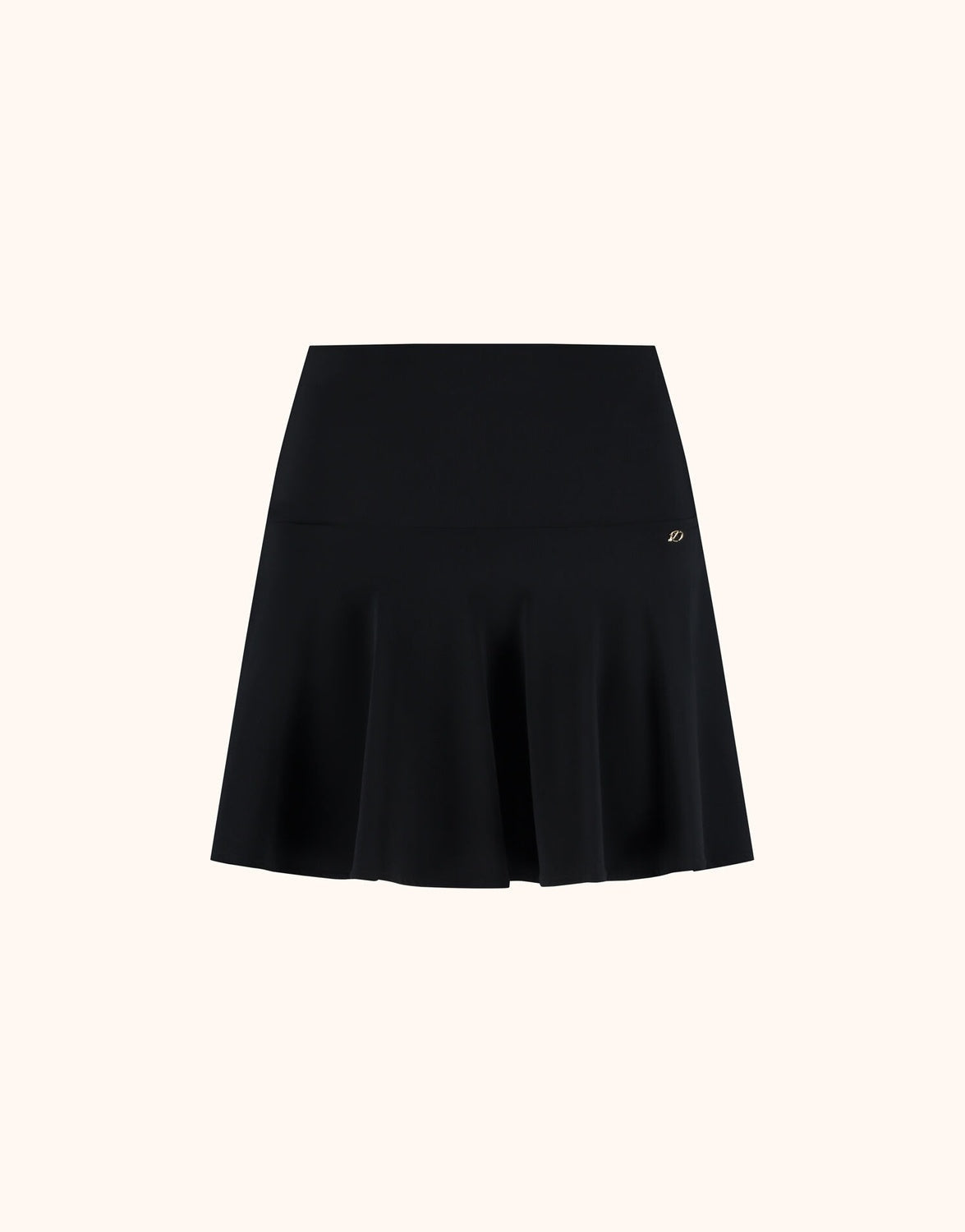 Packshot of the Dove Black skirt in jersey lycra, a short style with a flared hem.