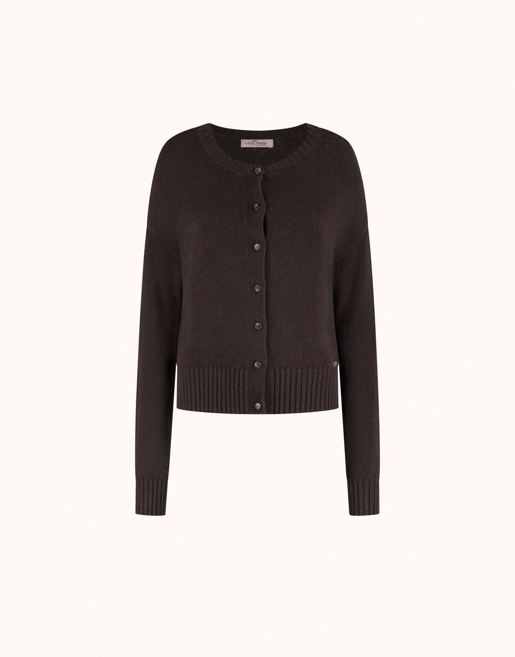 Packshot of the Tara Espresso cardigan in viscose knit with a round neck and buttons.