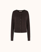 Packshot of the Tara Espresso cardigan in viscose knit with a round neck and buttons.