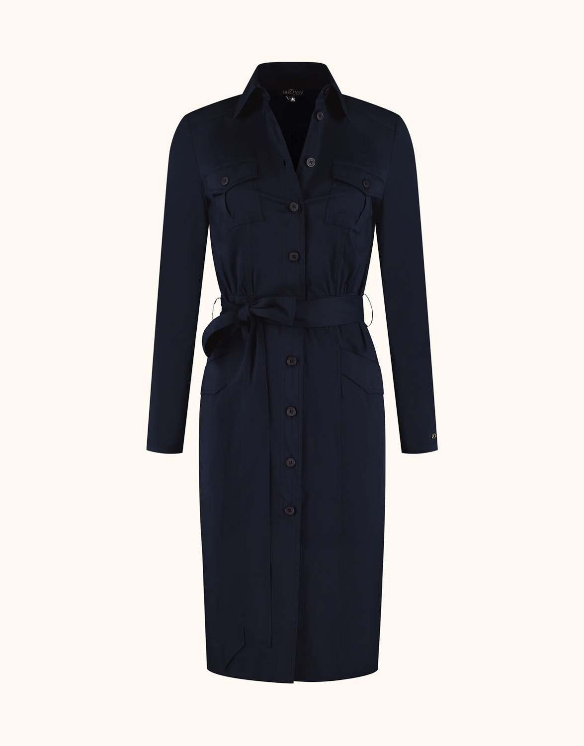 Packshot of the Ayla Midnight Blue shirt dress with chest pockets and a tied belt.