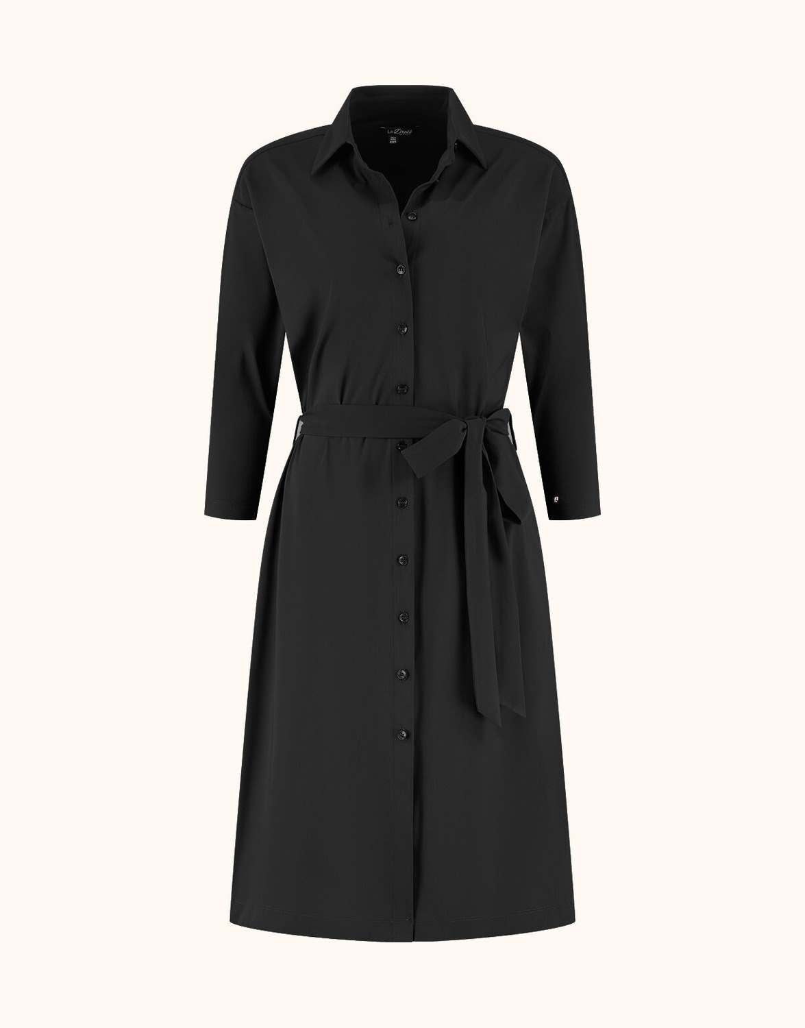 Packshot of the Angela Black shirt dress with a button front, collar and tied belt.