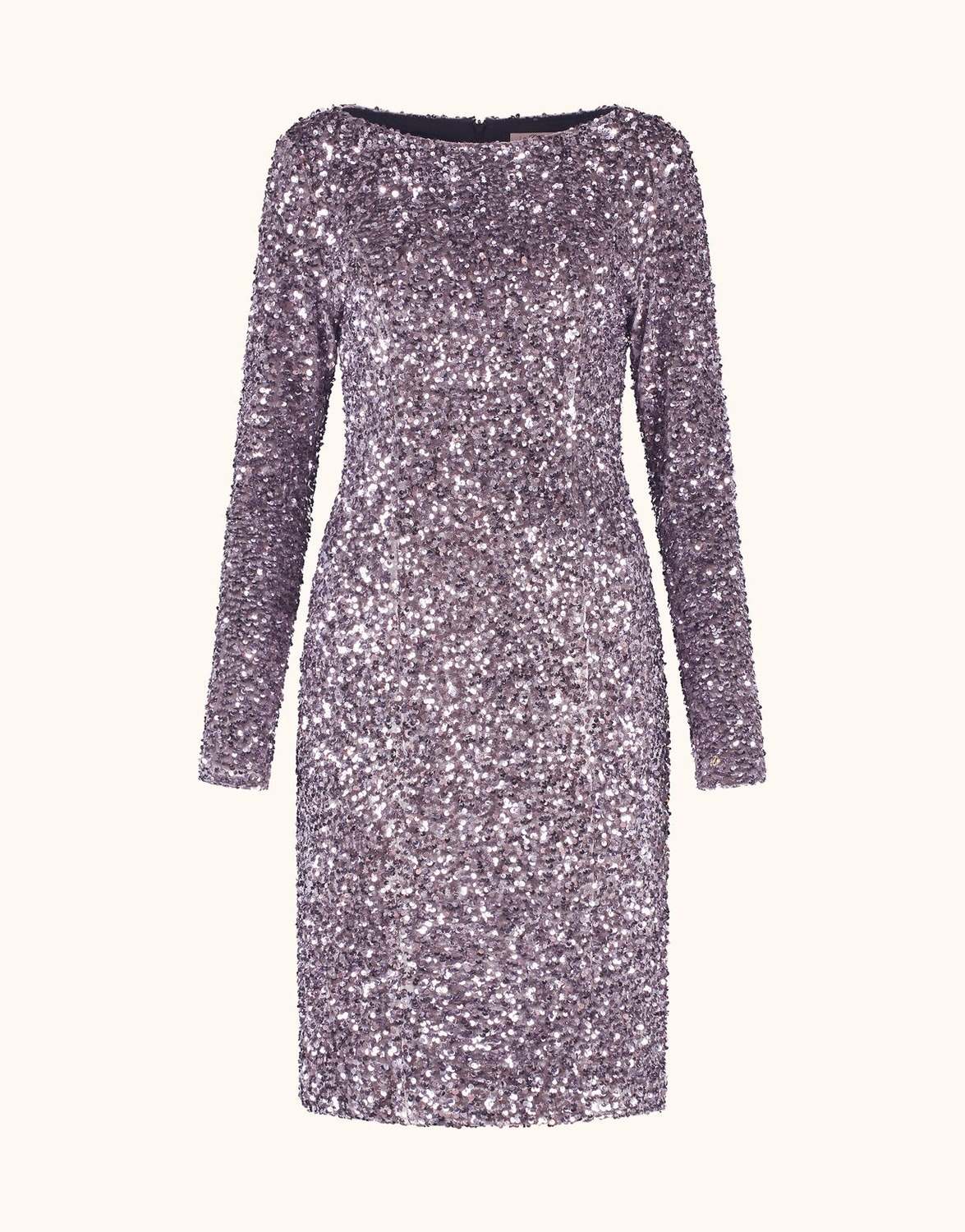 Packshot of the Selma Misty Lilac dress in sequins with a boat neck and long sleeves.