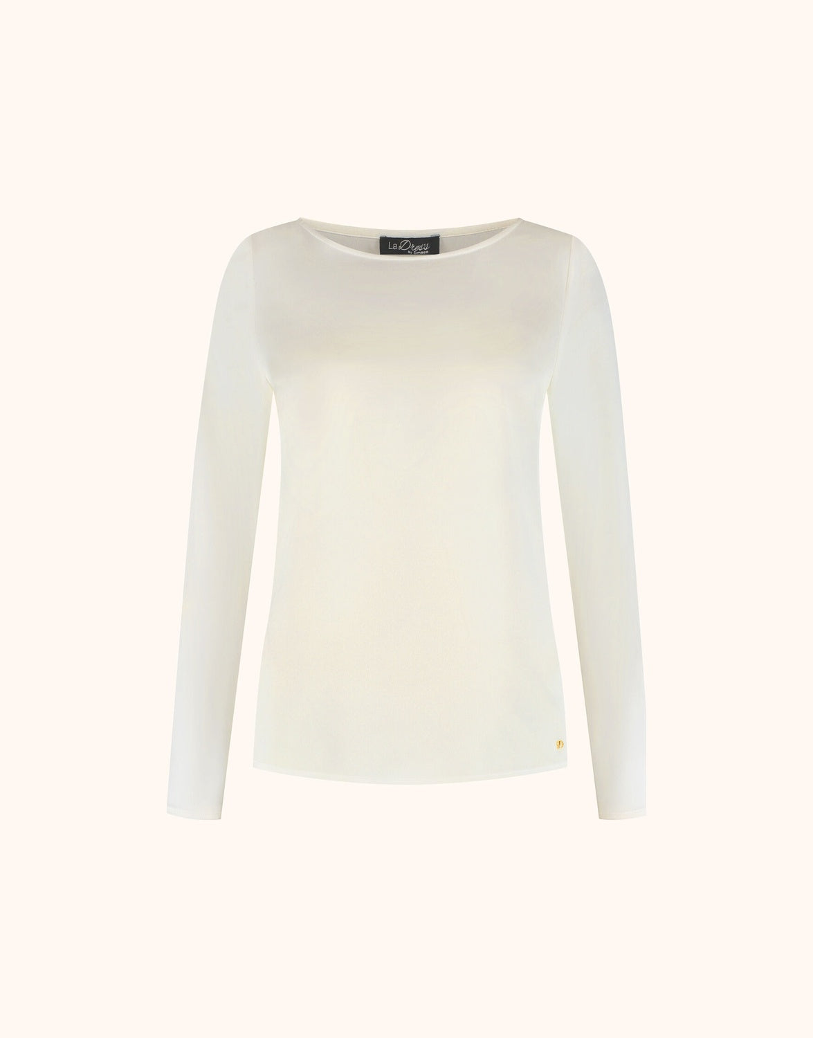 Packshot of the Dorian Ivory top in satin with a boat neck and long sleeves.