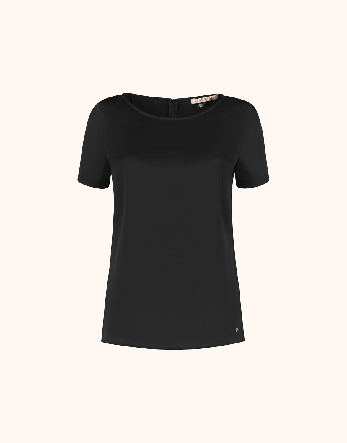Packshot of the Monica Black top in satin with a round neck and short sleeves.