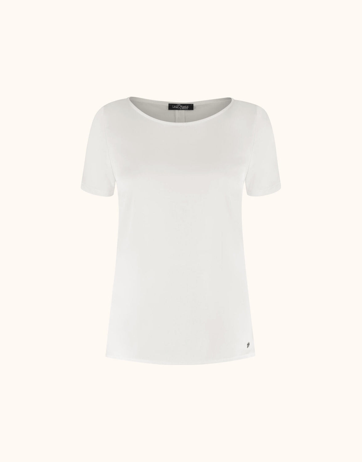 Packshot of the Monica Ivory top in satin with a round neck and short sleeves.
