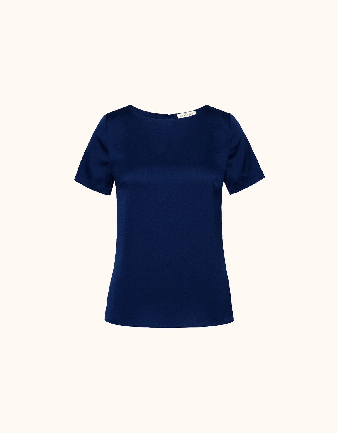 Packshot of the Monica Midnight Blue top in satin with a round neck and short sleeves.