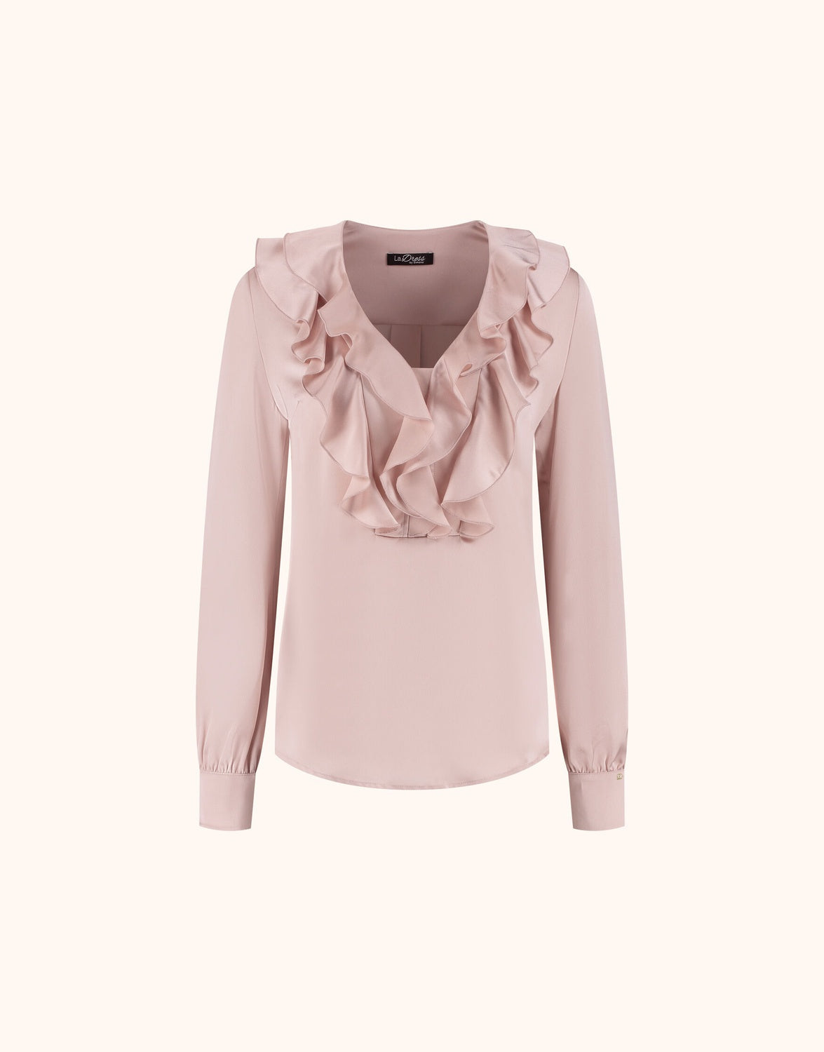 Packshot of the Clemence Soft Blush top in satin with a ruffled V-neck and blouson sleeves.