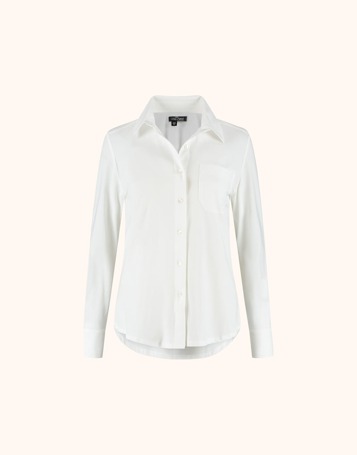 Packshot of the Annie White shirt in jersey lycra with a collar and a chest pocket.