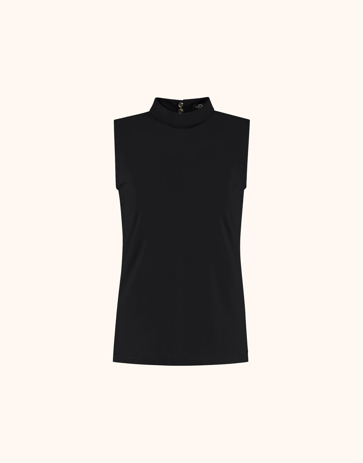Packshot of the Amber Black sleeveless top with a mock neck in jersey lycra.