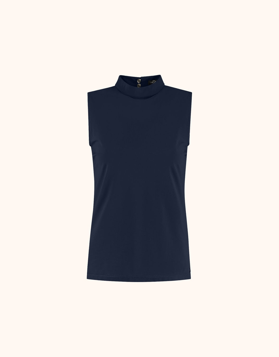 Packshot of the Amber Midnight Blue sleeveless top with a mock neck in jersey lycra.