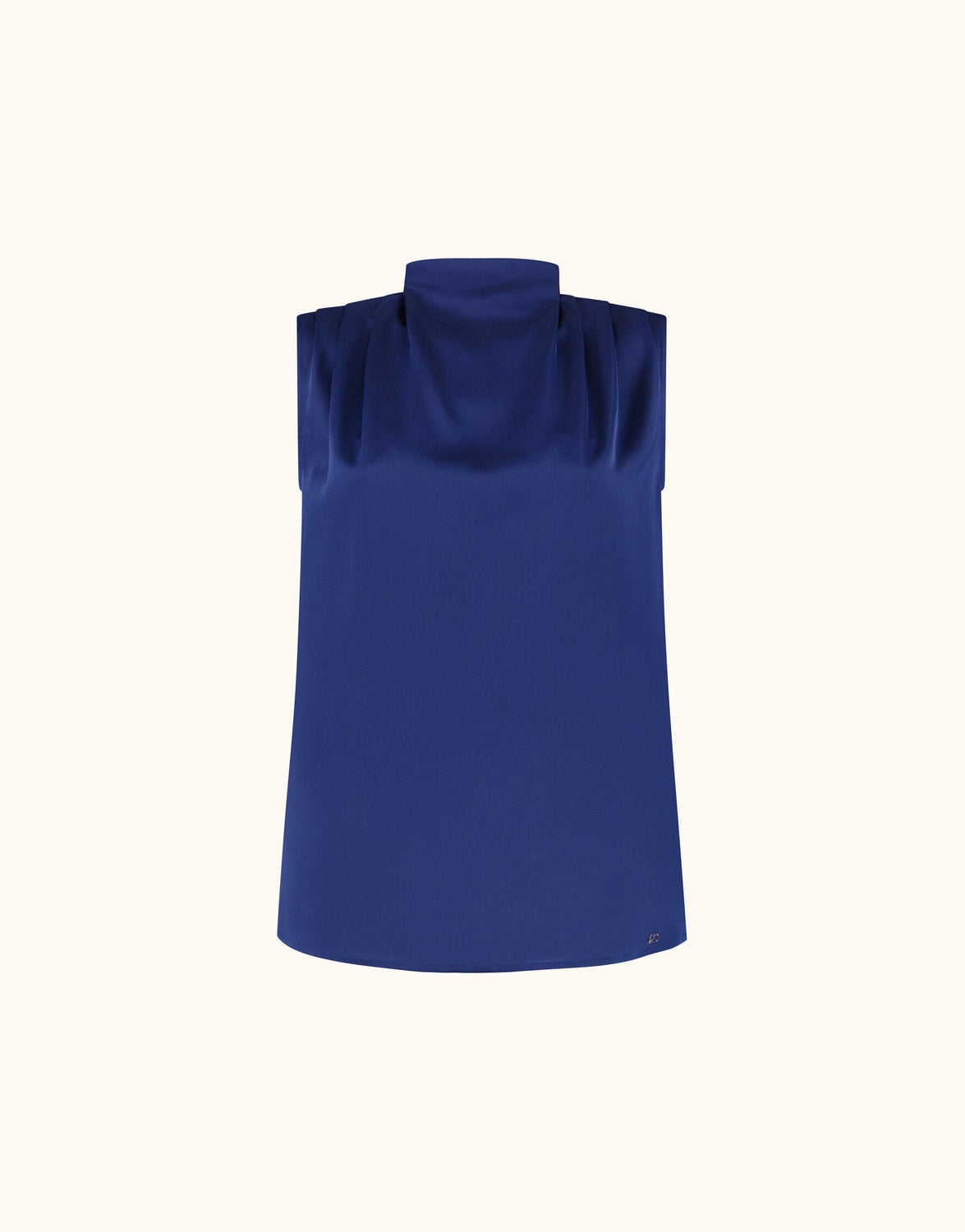 Packshot of the Chrissy Sapphire Blue blouse in satin, sleeveless with a high neck.