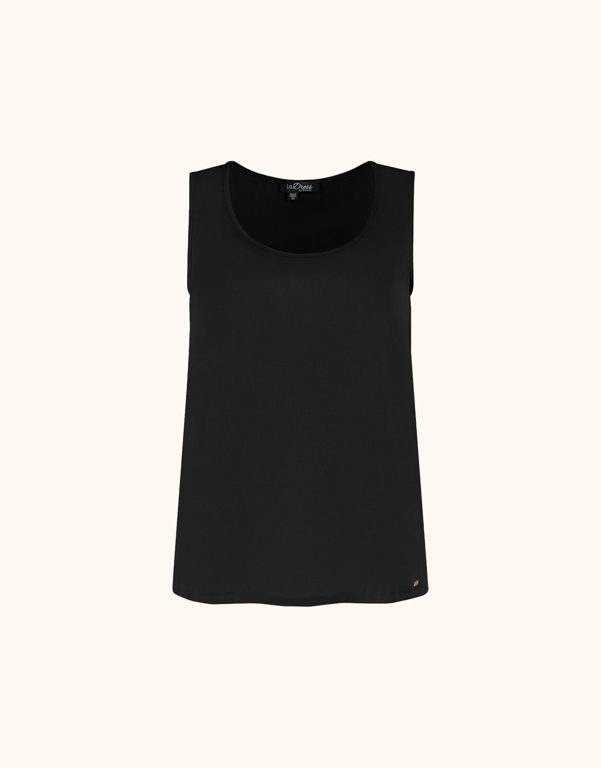 Packshot of the Zelda Black top in satin with a scoop neck and wide armholes.