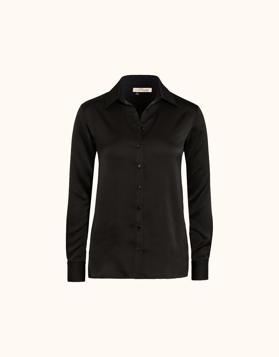 Packshot of the Estee Black blouse in satin with a classic collar and button front.