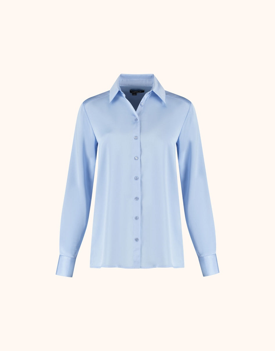 Packshot of the Estee Sky Blue blouse in satin with a classic collar and button front.