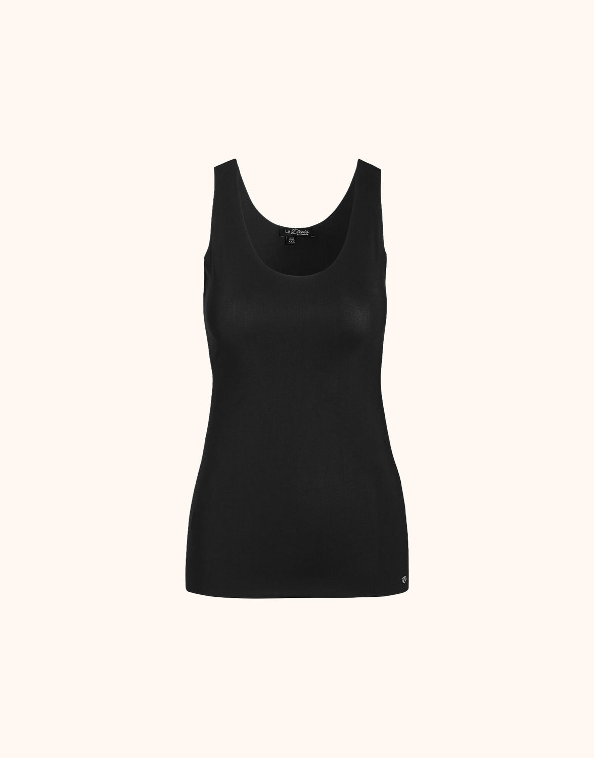 Packshot of the Luna Black top in jersey lycra with a scoop neck and narrow straps.