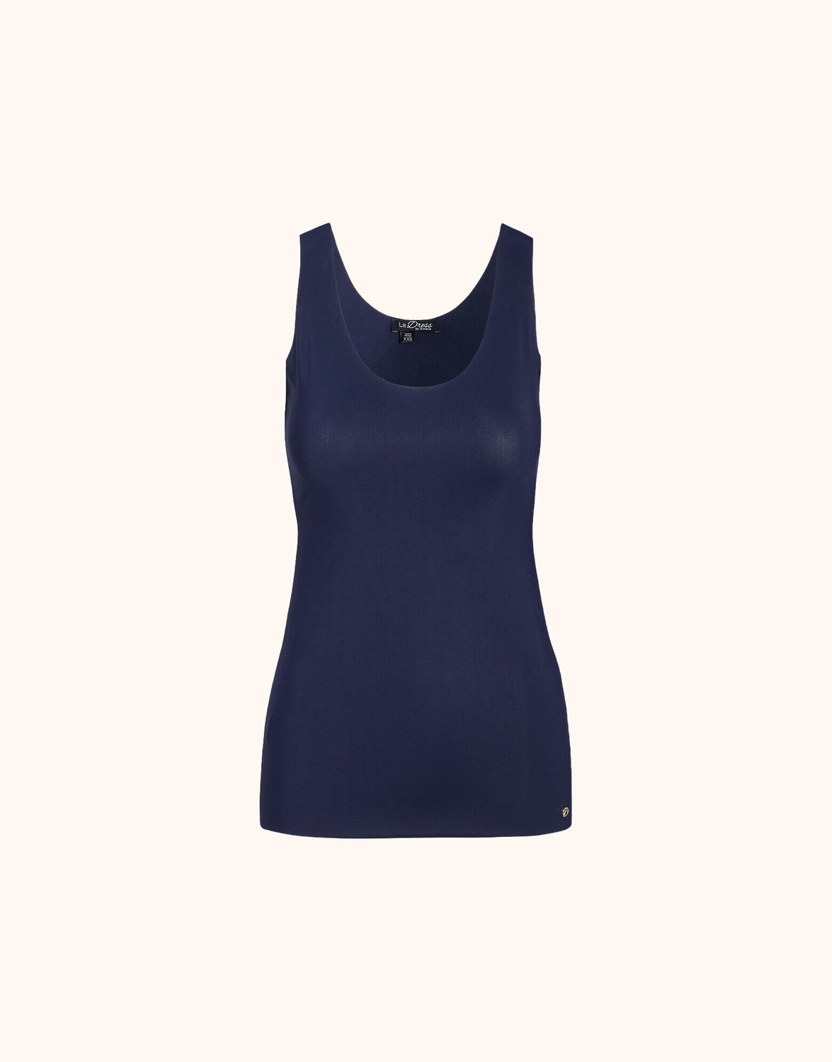 Packshot of the Luna Midnight Blue top in jersey lycra with a scoop neck.