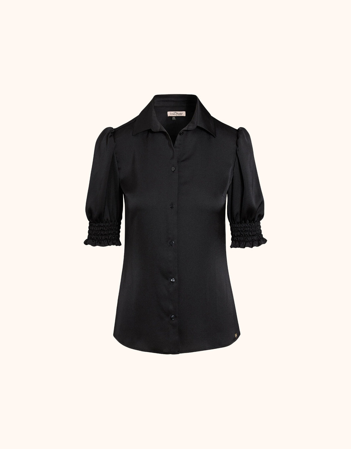 Packshot of the Miuccia Black blouse in satin with a collar and smocked cuffs.