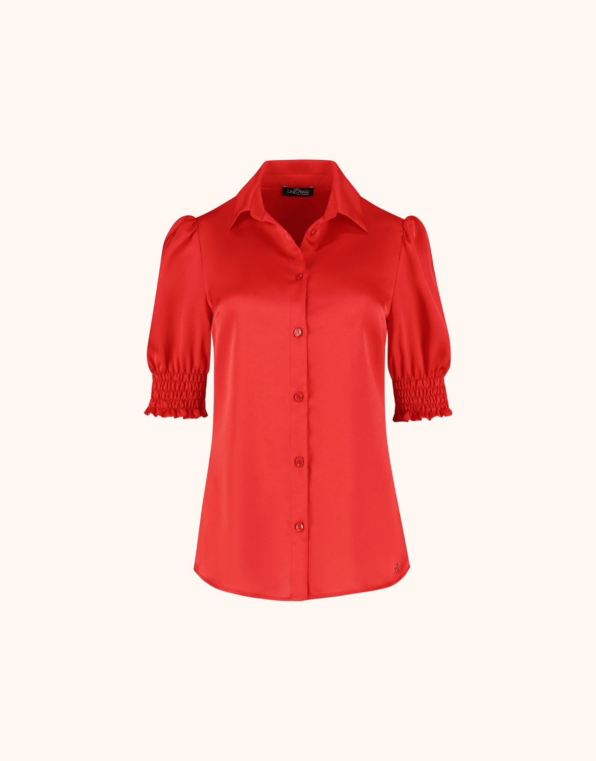 Packshot of the Miuccia Hibiscus top in satin with a collar and smocked cuffs.