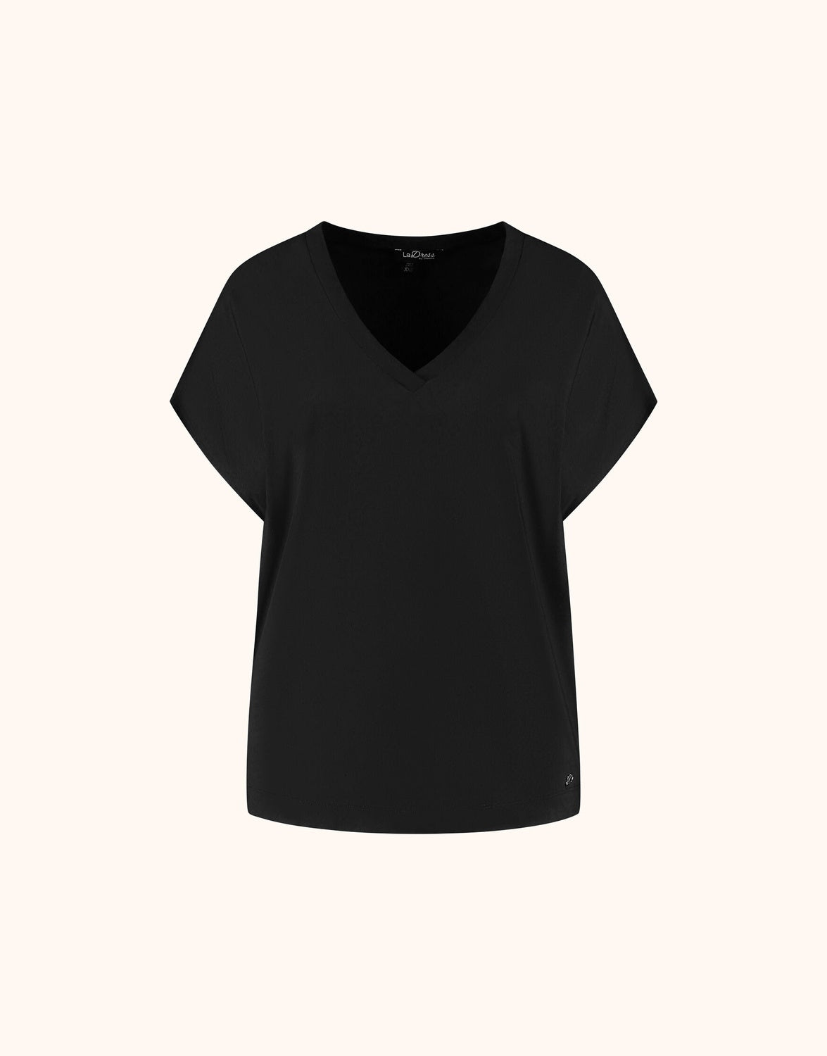 Packshot of the Liz Black top in jersey lycra with a V-neck and wide cap sleeves.