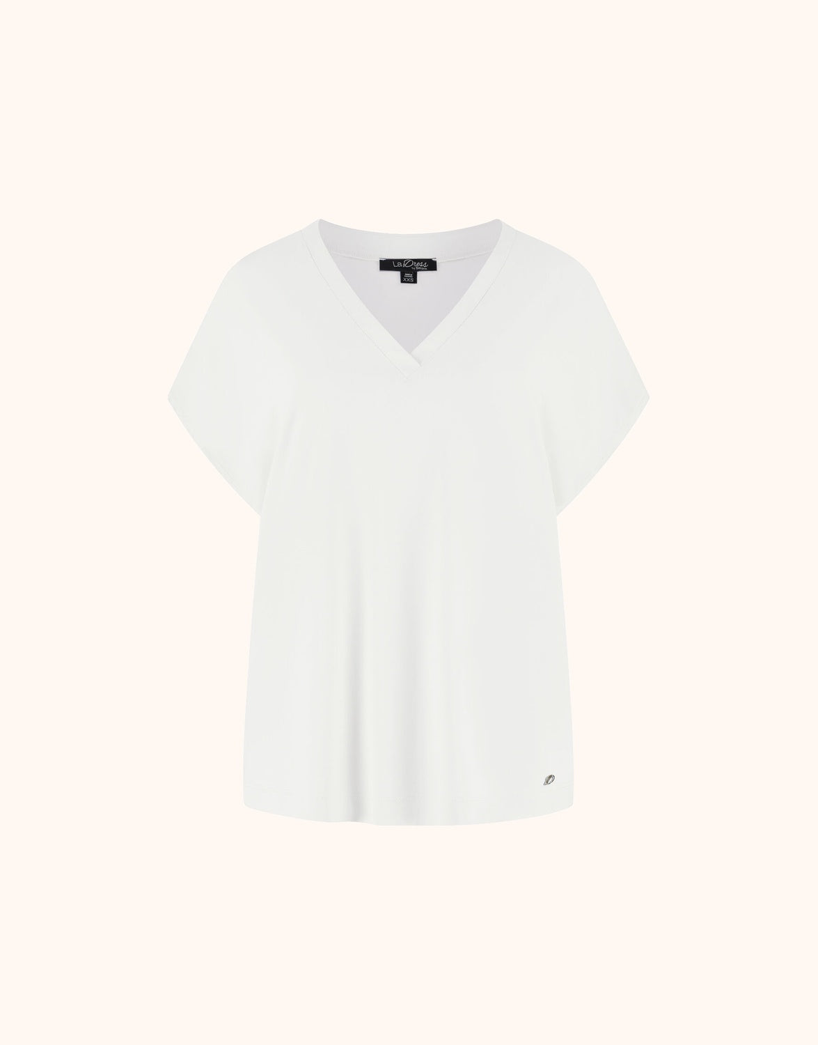 Packshot of the Liz White top in jersey lycra with a V-neck and wide cap sleeves.
