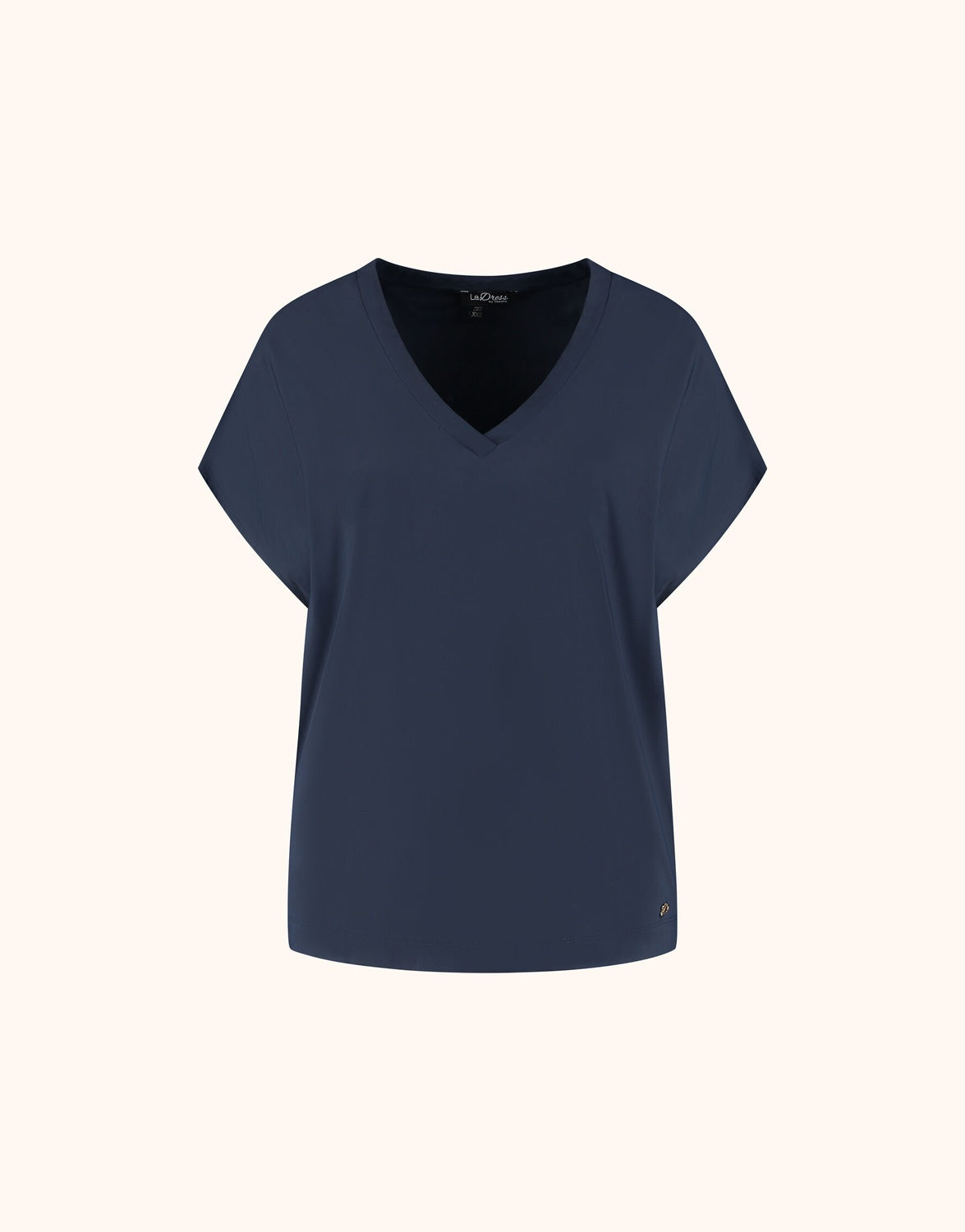Packshot of the Liz Midnight Blue top in jersey lycra with a V-neck and cap sleeves.
