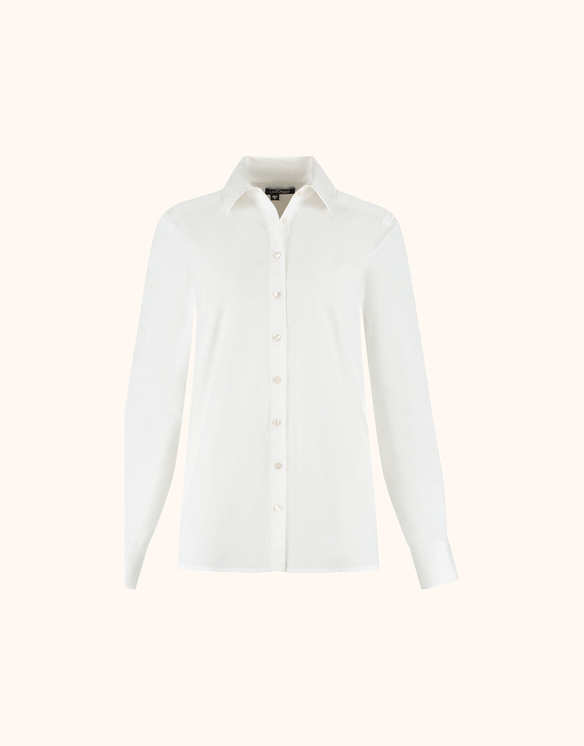 Packshot of the Cameron White blouse in poplin with a classic collar and a button front.