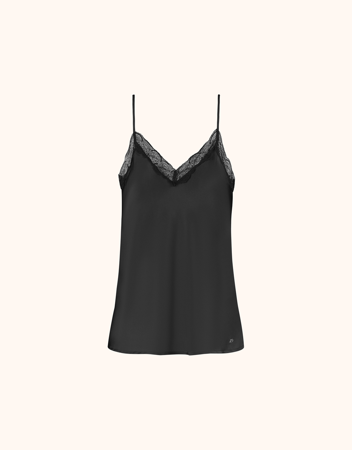 Packshot of the Veronique Black top in satin with a V-neck and lace trim.