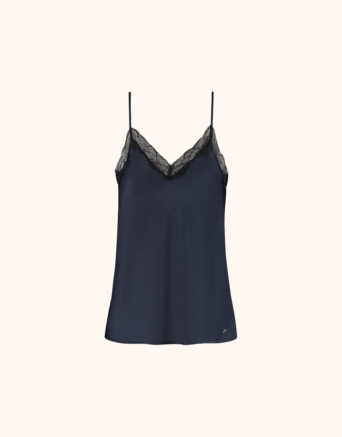 Packshot of the Veronique Midnight Blue top in satin with a V-neck and lace trim.