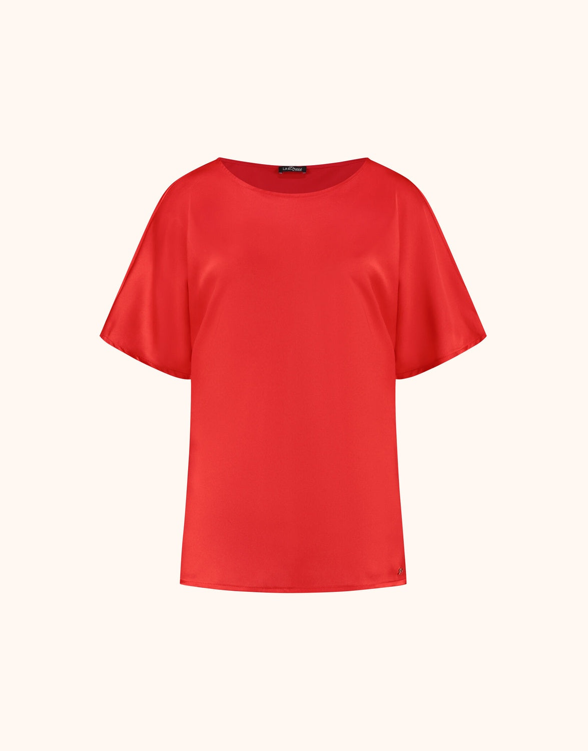 Packshot of the Jamie Hibiscus top in satin with a boat neck and wide short sleeves.